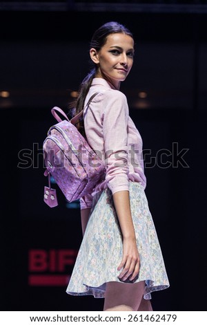 NONTHABURI THAILAND- MARCH 12:A model pose on stage the Everyday Holiday show during The BIFF&BIL Bangkok international Fashion Fair 2015 at IMPACT Challenger Hall on March 12,2015 in,Thailand