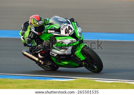BURIRAM,THAILAND-MARCH20:David Salom of Spain rides the no.44 Team Pedercini rides during free practice2 at the World Superbike Championship at Chang International Circuit on March20,2015 in Thailand.