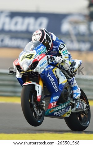 BURIRAM,THAILAND-MARCH 20:Randy De Puniet of France rides team VOLTCOM Crescent  during practice 2 at the World Superbike Championship at Chang International Circuit on March20,2015 in Thailand.