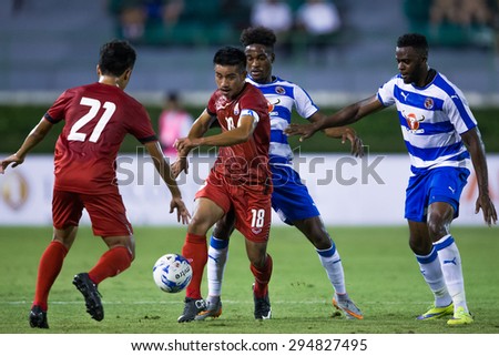 BANGKOK,THAILAND-July8:Tnan Chanabut no.18(RED) of Thailand All Stars in action during The Reading FC Thailand Tour 2015 Thailand All Stars and Reading FC at National Stadium on July 8, 2015,Thailand.