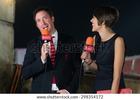 BANGKOK THAILAND JULY14:Robbie Fowler (L)Interviewing on television during the international friendly match between Thai All Stars and Liverpool FC at Rajamangala Stadium on July14,2015 in,Thailand.