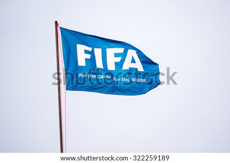 BANGKOK,THAILAND SEPTEMBER 08:FIFA flag show in the stadium during the 2018 FIFA World Cup Qualifier between Thailand and Iraq at Rajamangala Stadium on Sep 8, 2015 in Thailand.