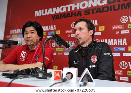 BANGKOK, THAILAND- OCT 16: Robbie Fowler of MTUTD speaks at a press conference during Thai Premier League (TPL) between Muangthong United and Chiangrai Utd on Oct 16, 2011 at Yamaha Stadium in Bangkok,Thailand