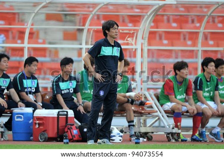 BANGKOK THAILAND-JANUARY 15:Hong Myung Bo Coach of Korea Rep  in action during the 41st King\'s cup match between Korea Rep and Denmark at Rajamangala stadium on Jan15,2012 in Bangkok,Thailand.