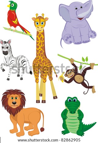 Cartoon illustration of seven cute safari animals - Giraffe, Crocodile, Zebra, Elephant, Parrot, Lion and Monkey