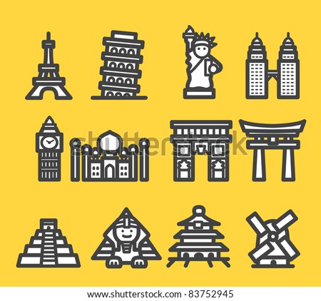 Travel, Famous International Historical Landmark Monuments Icon Set ...