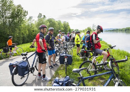 WACHAU VALLEY,AUSTRIA-MAY 8,2015:People are riding bcycle at cycle path near danube river in Austria during a sunny day