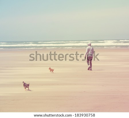 a woman walking on the beach with a couple of chihuahuas running on the sand