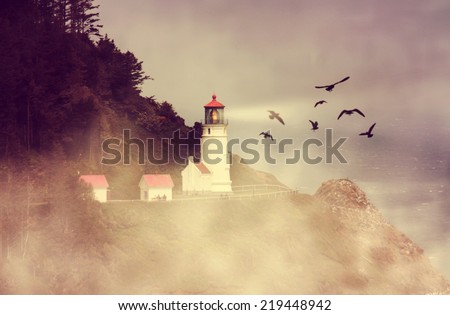a lighthouse with a flock of birds during dusk on a warm summer evening toned with a retro vintage instagram filter effect