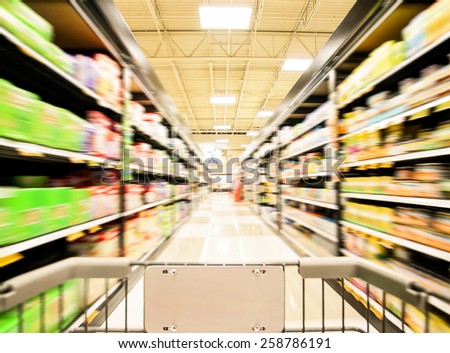 a blurred shot of an isle in a supermarket or grocery store shopping center