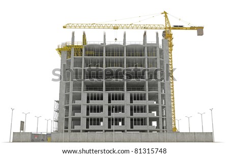 Site area: tower crane and unfinished buiding isolated over white
