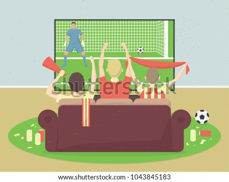 Soccer / Football Team Fans Watch TV With Game, Sitting On the Couch. Celebrating Goal Scored. Sport Vector Illustration