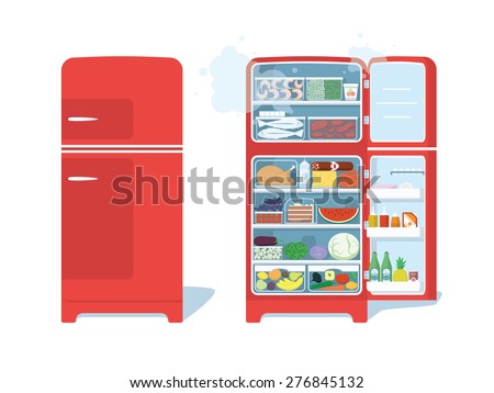Vintage Red Closed and Opened Refrigerator Full Of Food. Vector Illustration