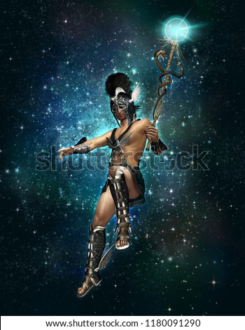 3d computer graphics of a depiction of Hermes at night