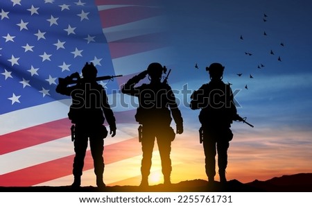 Silhouettes of army soldiers with USA flag. Greeting card for Veterans Day, Memorial Day, Independence Day. Armed Force concept. EPS10 vector