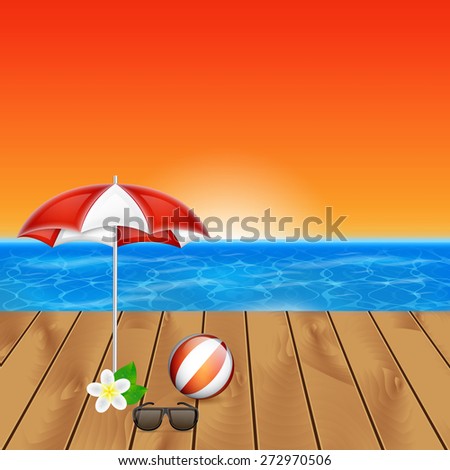 Summer background. Tropical sea and dock. Sunset. Umbrella and ball with sunglasses