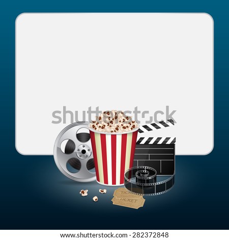 Filmstrip, reel, film clapper with vintage ticket and popcorn on blue background. Cinema concept