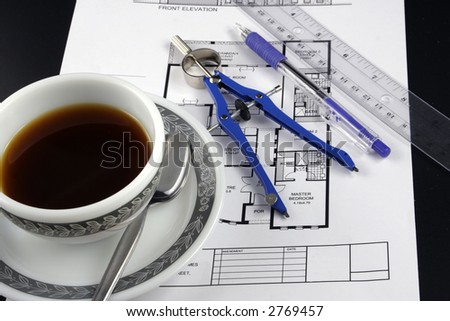 coffee and blue prints