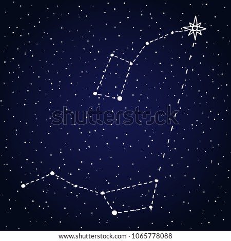 Finding North star Polaris. Starry night sky with Ursa Major and Ursa Minor constellations (Little Dipper and Big Dipper). Space and astronomical design vector illustration.