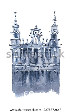 Baroque Almudena Cathedral in Madrid, Spain. Hand drawn watercolor sketch. Watercolour art drawing of the main church in the city isolated over white.