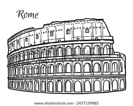 Line art vector drawing of Colosseum in Rome, Italy. Architecture tourism landmark, travel destination. Hand drawn black and white illustration