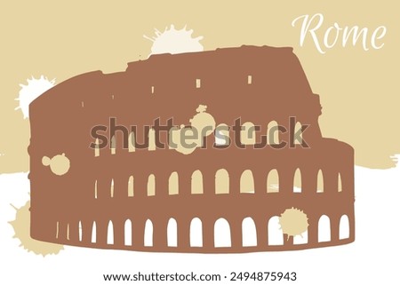 Vector drawing of Colosseum in Rome, Italy. Architecture tourism landmark, travel destination. Hand drawn silhouette illustration over loose brush strokes