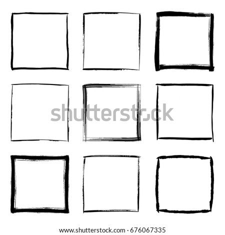 Collection of square black hand drawn grunge frames, borders set. Set of design elements. Vector illustration in black isolated over white.