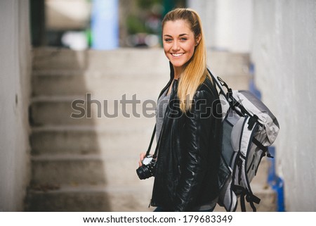 Similar – Image, Stock Photo woman walking arround the street in Bilbao city, Spain