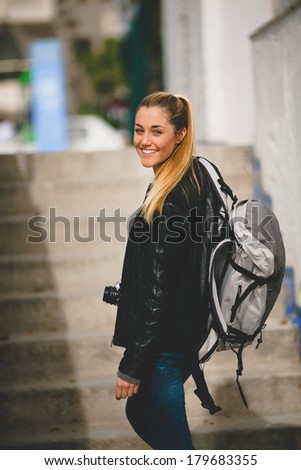 Similar – Image, Stock Photo woman walking arround the street in Bilbao city, Spain