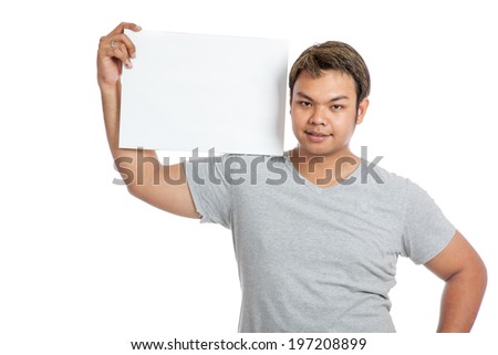 Asian strong man  flexing biceps show blank sign on his shoulder isolated on white background