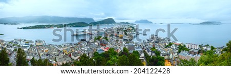 Alesund town (Norway) summer cloudy view from above. Panorama.