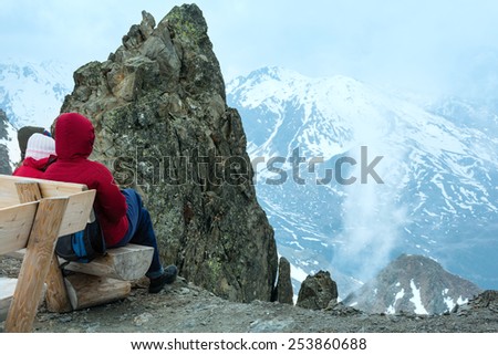 Family on observation point. View from the Karlesjoch mount (3108m., near Kaunertal Gletscher on Austria-Italy border).