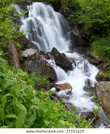 Summer mountain waterfall ( Carpathian mountains, Ukraine). Two shots stitch image.
