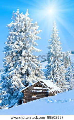 winter calm mountain landscape with shed and sunshine in blue sky (Kukol Mount, Carpathian Mountains, Ukraine)
