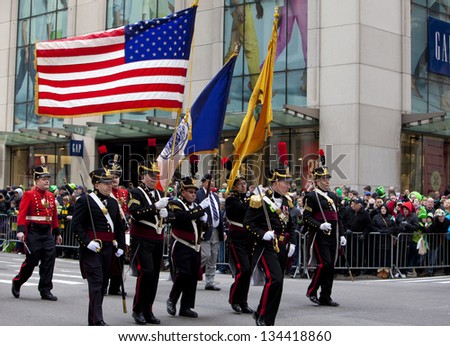 NEW YORK, NY, USA - MAR 16:  Marchers at the St. Patrick\'s Day Parade on March 16, 2013 in New York City, United States.