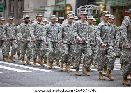 NEW YORK, NY, USA - MAR 16:  Military at the St. Patrick\'s Day Parade on March 16, 2013 in New York City, United States.