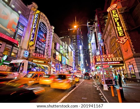 NEW YORK, USA - JUNE 28th 2014: Times Square and 42nd Street is a busy tourist intersection of neon art and commerce and is an iconic street of New York and America