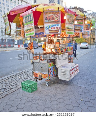 NEW YORK, USA - NOVEMBER 13th, 2014: Street food vendor as seen all over Manhattan offering a variety of street foods.