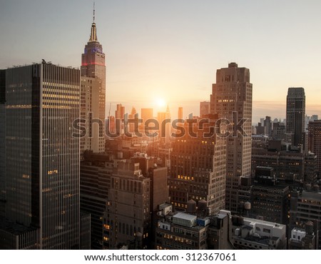 New York city with sunset across horizon