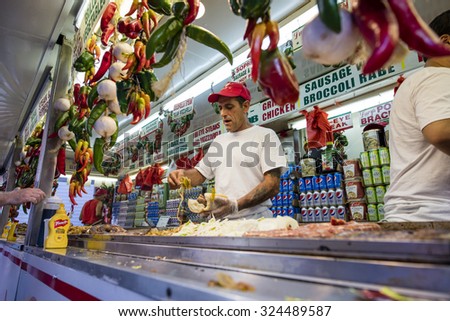 NEW YORK, USA - Sept 18th, 2015: Food vendor selling Italian food in Little Italy on Mulberry St. during the Feast Of San Gennaro