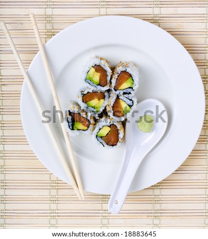 Raw Fish And Avocado Sushi On A White Plate With Chopsticks And Wasabi ...