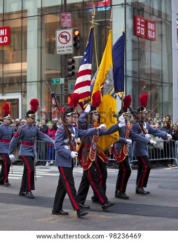NEW YORK, NY, USA MAR 17: Marching US military Valley Forge Military Academy soldiers in traditional uniform at the St. Patrick's Day Parade on March 17, 2012 in New York City, United States.