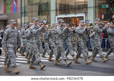 NEW YORK, NY, USA MAR 17: Marching US Army band of the 42nd Division at the St. Patrick's Day Parade on March 17, 2012 in New York City, United States.