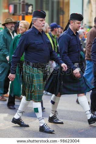 NEW YORK, NY, USA MAR 17:  Men in kilts at the St. Patrick\'s Day Parade on March 17, 2012 in New York City, United States.