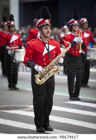 NEW YORK, NY, USA - MAR 17:  New York High School marching band at the St. Patrick\'s Day Parade on March 17, 2012 in New York City, United States.