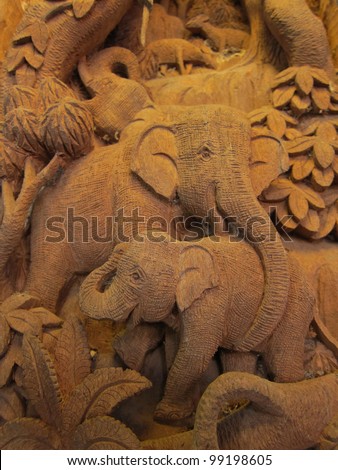 Elephant in Forest High relief Carving and sculpture in thailand