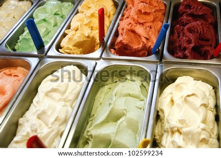 Ice cream parlor. Nine ice cream of different colors.