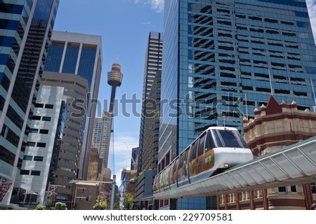 SYDNEY, AUSTRALIA - DECEMBER 09: A monorail\'s rail above the public street in Darling Harbour area of Sydney on Dec. 09 ,2011 in Sydney. The monorail is a unique public transport system in Sydneys CBD.