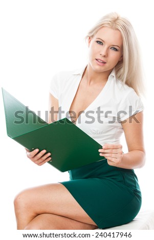 sexy Half-length portrait of business woman handing green folder, isolated on white. Concept of leadership and success