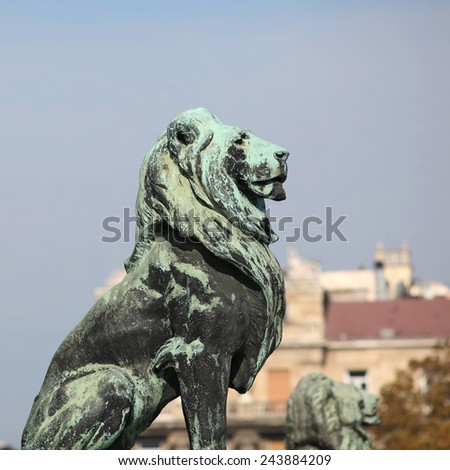Lion statue in front of Parliament of Hungary